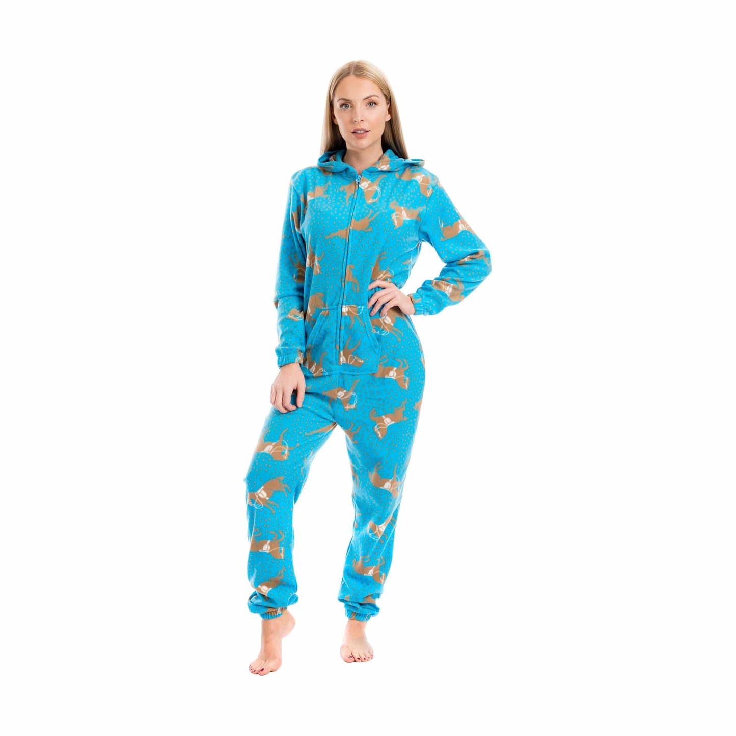 Ladies Soft Horse Print Fleece Hooded Onesie Pyjamas Warm Nightwear Jumpsuit with Zipper Elastic Cuffs Pink Blue Sizes 10-20 by Daisy Dreamer BLUE / 10-12 Pyjamas