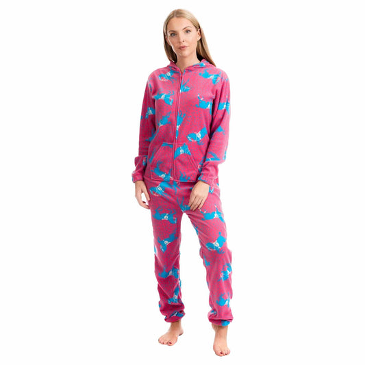 Ladies Soft Horse Print Fleece Hooded Onesie Pyjamas Warm Nightwear Jumpsuit with Zipper Elastic Cuffs Pink Blue Sizes 10-20 by Daisy Dreamer PINK / 10-12 Pyjamas
