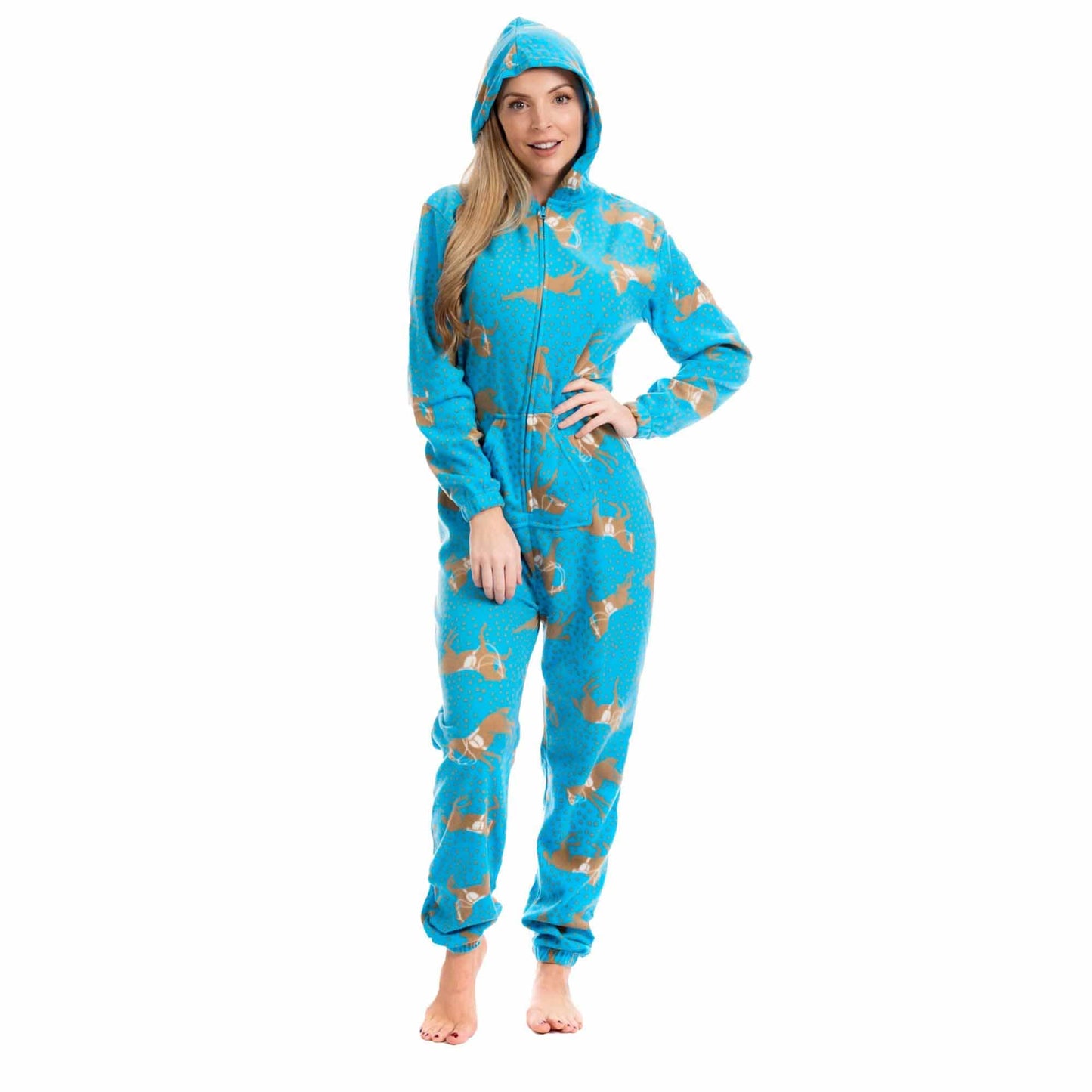 Ladies Soft Horse Print Fleece Hooded Onesie Pyjamas Warm Nightwear Jumpsuit with Zipper Elastic Cuffs Pink Blue Sizes 10-20 by Daisy Dreamer Pyjamas