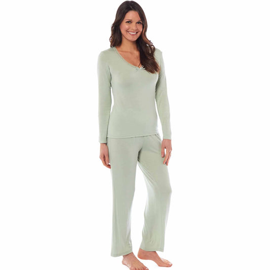 Ladies Ultra Soft Long Sleeve Pyjama Set Stretch Fit Black Green, Cozy All Seasons Loungewear, Viscose Spandex Women's Nightwear UK Sizes 8-22 by Daisy Dreamer SMALL | UK 8-10 / SAGE GREEN Pyjamas