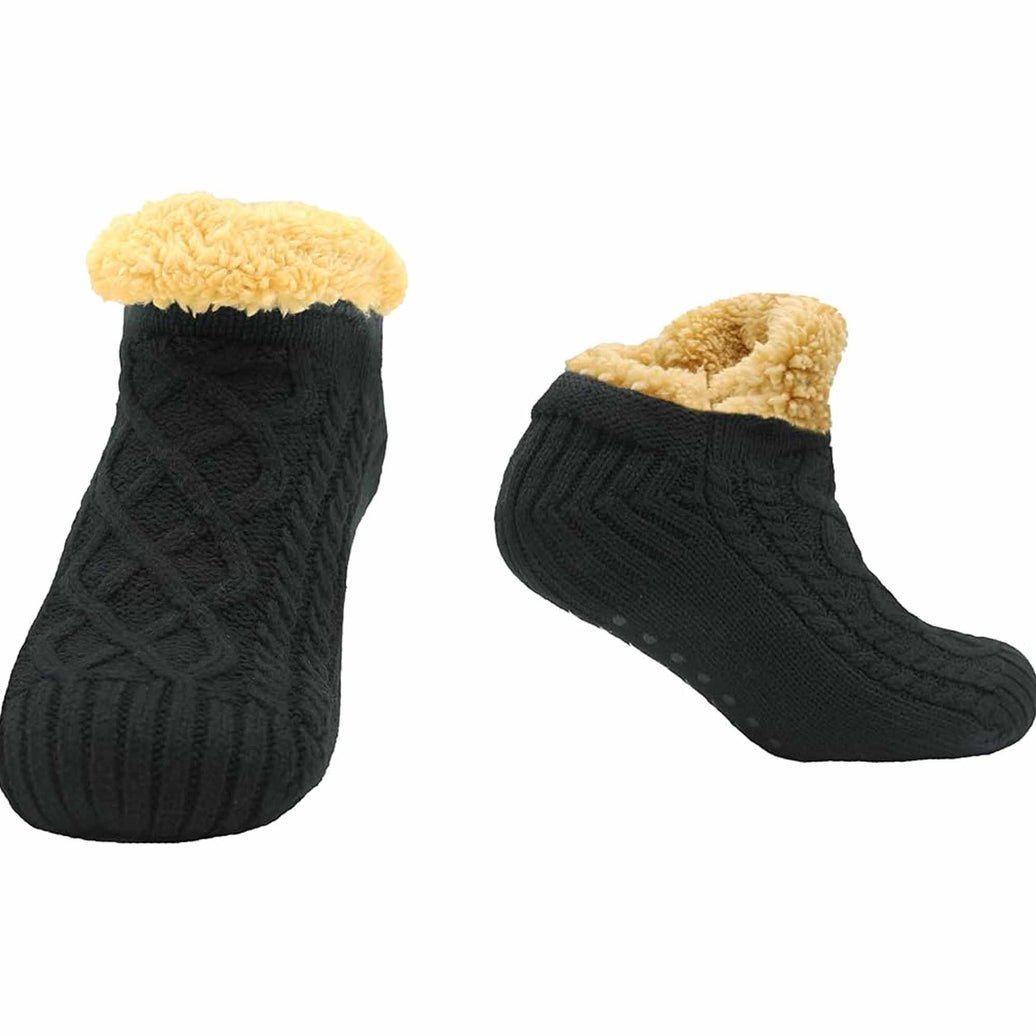 Luxurious Nordic Fluffy Sherpa Lined Slipper Socks for Men and Women Warm Non-Slip Indoor Winter House Shoes Fair Isle Black Navy Grey UK 4-7 8-12 by Sock Stack S/M / BLACK Socks