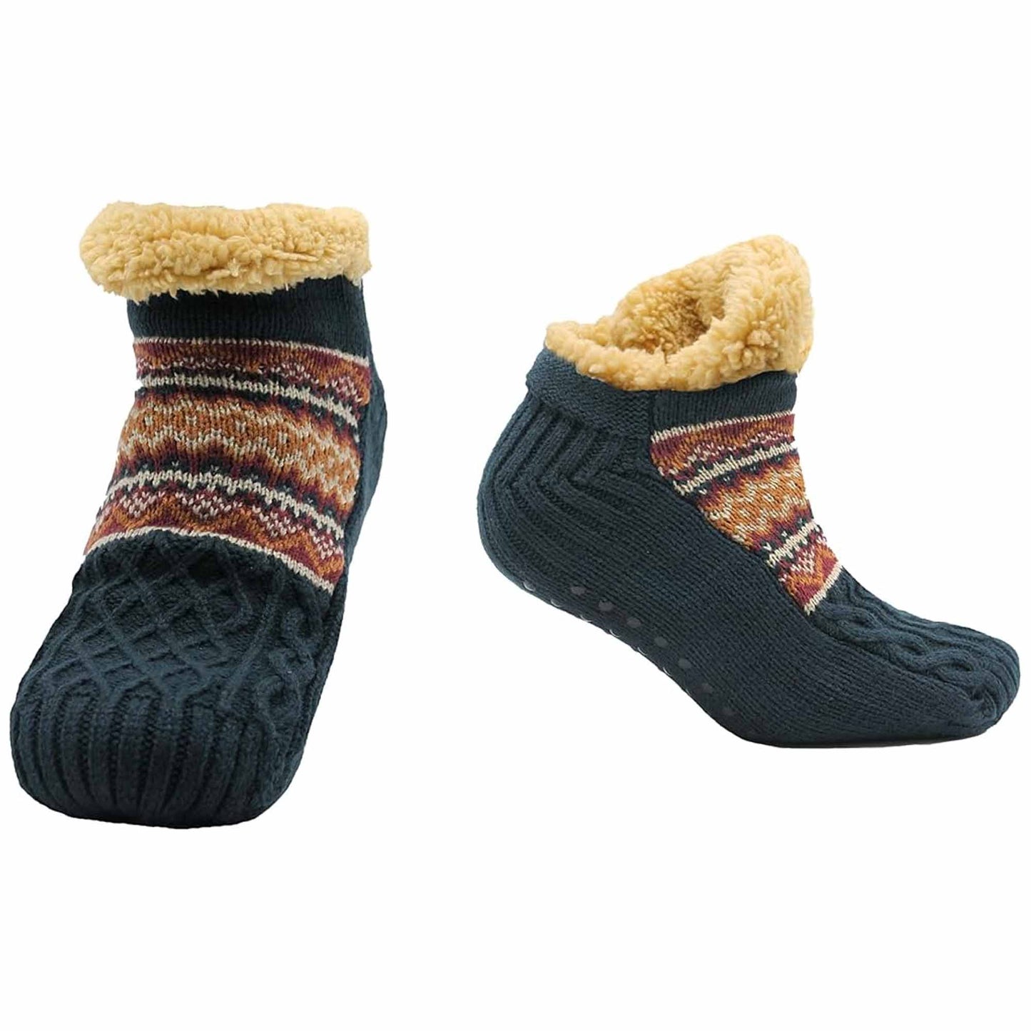 Luxurious Nordic Fluffy Sherpa Lined Slipper Socks for Men and Women Warm Non-Slip Indoor Winter House Shoes Fair Isle Black Navy Grey UK 4-7 8-12 by Sock Stack Socks