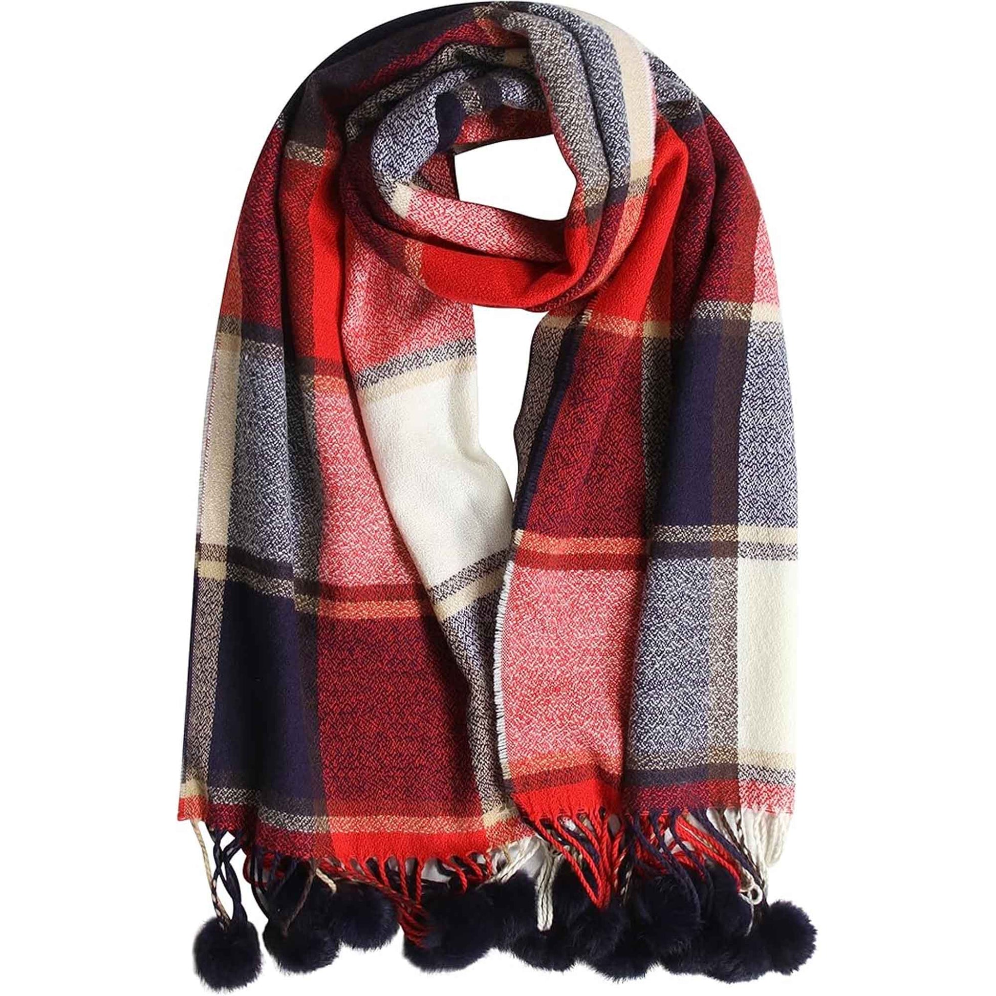 Luxurious Women's Oversized Soft Touch Scarf Blanket with Pom Poms Red and Pink Check Shawl Wrap Warm Winter Fashion 100 Acrylic by Sock Stack RED Scarves