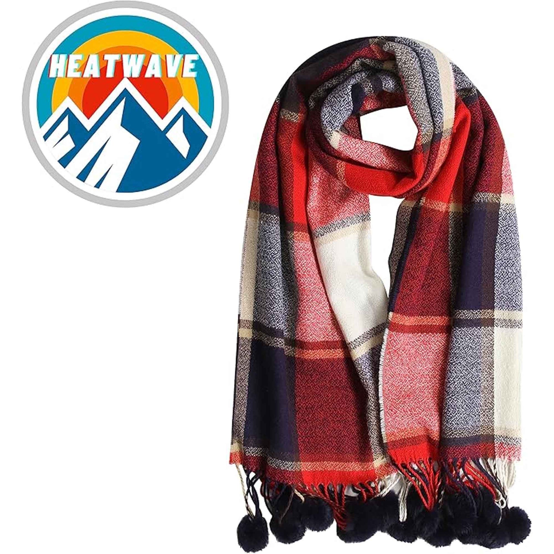 Luxurious Women's Oversized Soft Touch Scarf Blanket with Pom Poms Red and Pink Check Shawl Wrap Warm Winter Fashion 100 Acrylic by Sock Stack Scarves