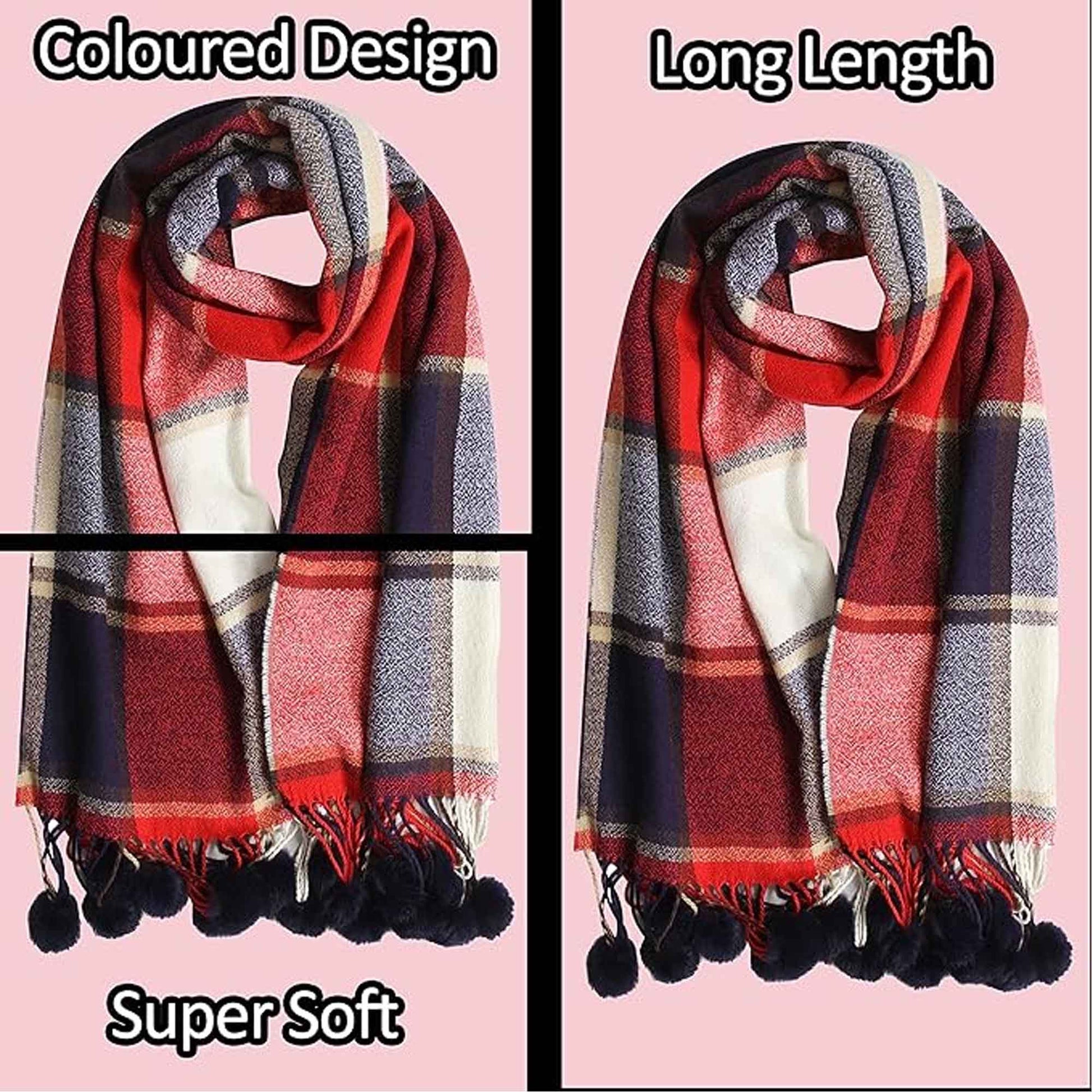 Luxurious Women's Oversized Soft Touch Scarf Blanket with Pom Poms Red and Pink Check Shawl Wrap Warm Winter Fashion 100 Acrylic by Sock Stack Scarves