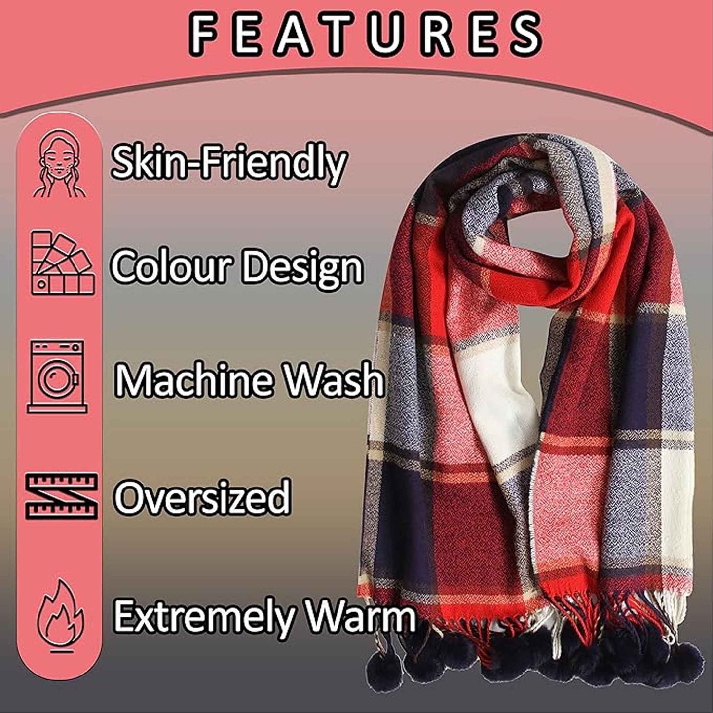 Luxurious Women's Oversized Soft Touch Scarf Blanket with Pom Poms Red and Pink Check Shawl Wrap Warm Winter Fashion 100 Acrylic by Sock Stack Scarves