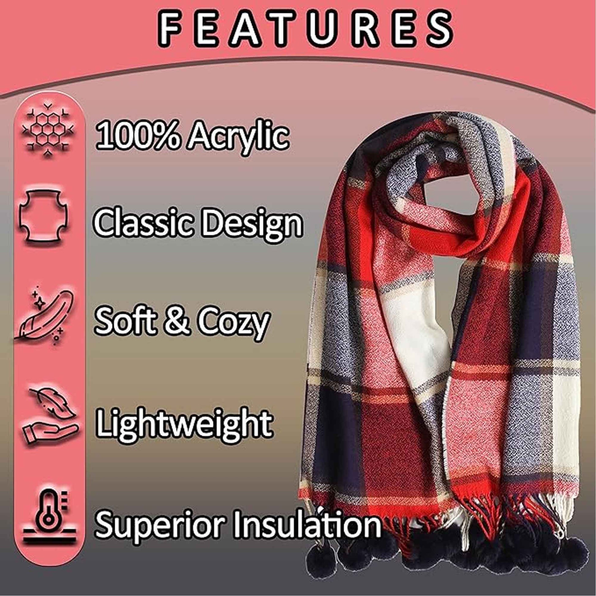 Luxurious Women's Oversized Soft Touch Scarf Blanket with Pom Poms Red and Pink Check Shawl Wrap Warm Winter Fashion 100 Acrylic by Sock Stack Scarves