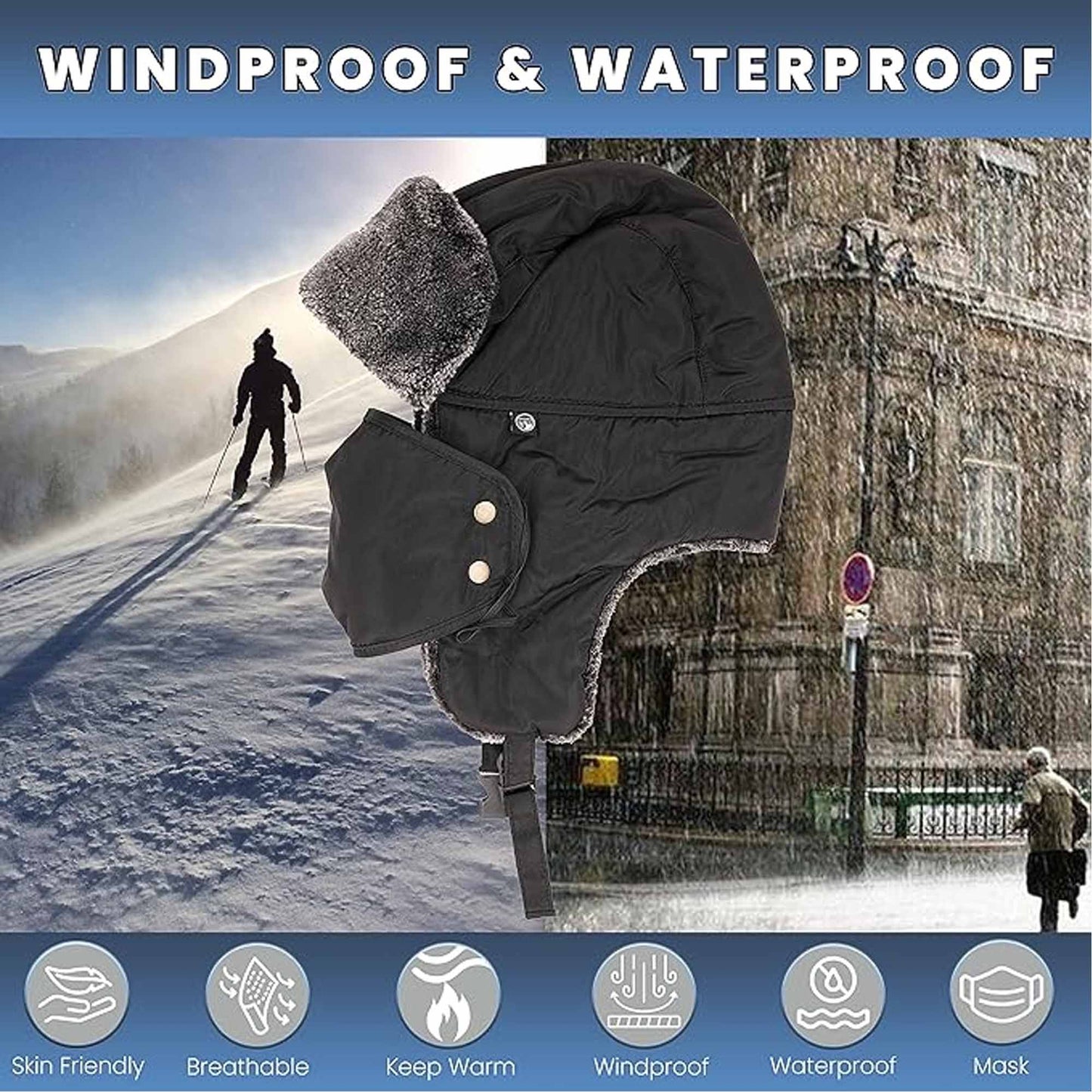 Men's 3 In 1 Waterproof Trapper Hat Face Mask Neck Warmer Ear Flaps Windproof Snowproof Winter Hat for Skiing Snowboarding Outdoor Faux Fur Lining Breathable Polyester One Size Black by Heatwave Thermalwear BLACK Hats