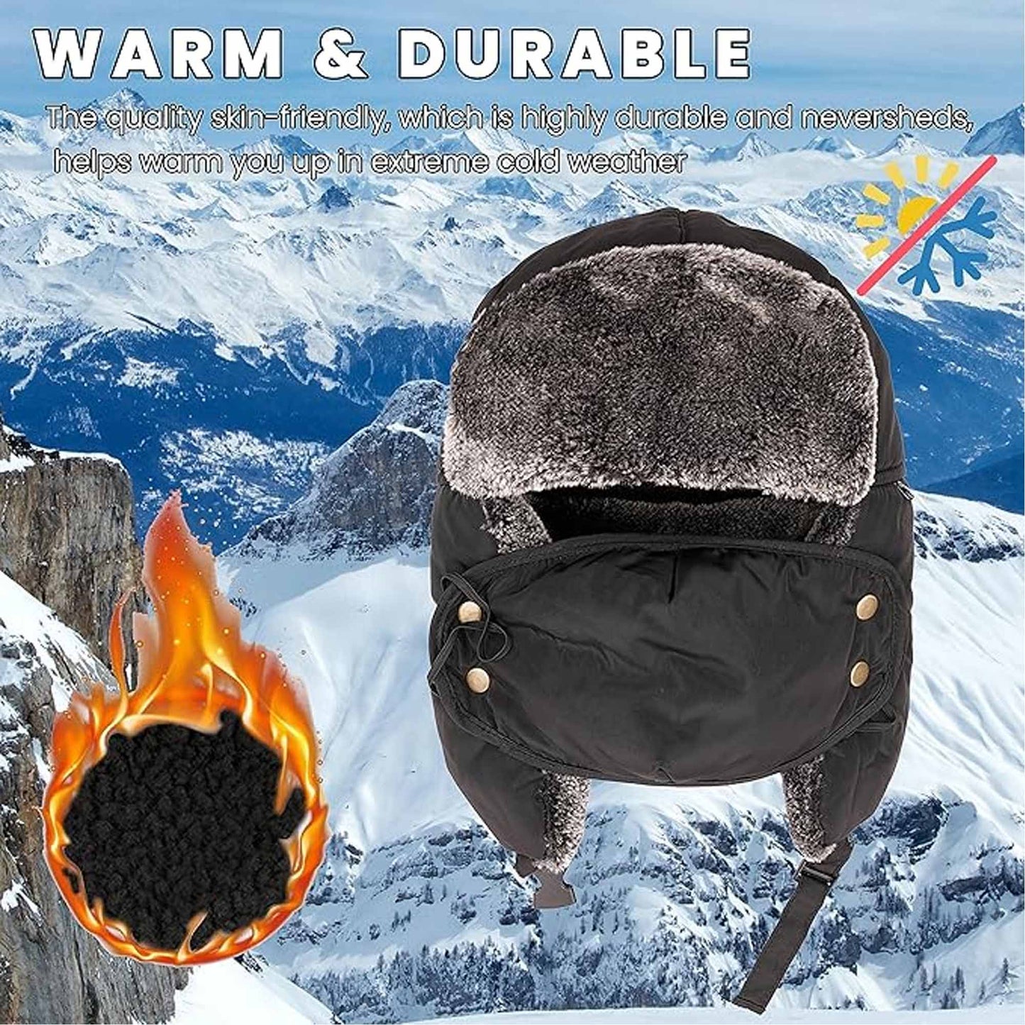Men's 3 In 1 Waterproof Trapper Hat Face Mask Neck Warmer Ear Flaps Windproof Snowproof Winter Hat for Skiing Snowboarding Outdoor Faux Fur Lining Breathable Polyester One Size Black by Heatwave Thermalwear BLACK Hats