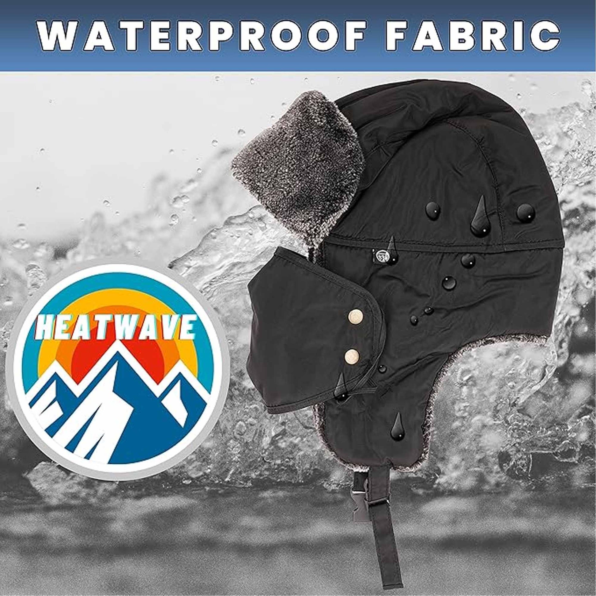 Men's 3 In 1 Waterproof Trapper Hat Face Mask Neck Warmer Ear Flaps Windproof Snowproof Winter Hat for Skiing Snowboarding Outdoor Faux Fur Lining Breathable Polyester One Size Black by Heatwave Thermalwear BLACK Hats