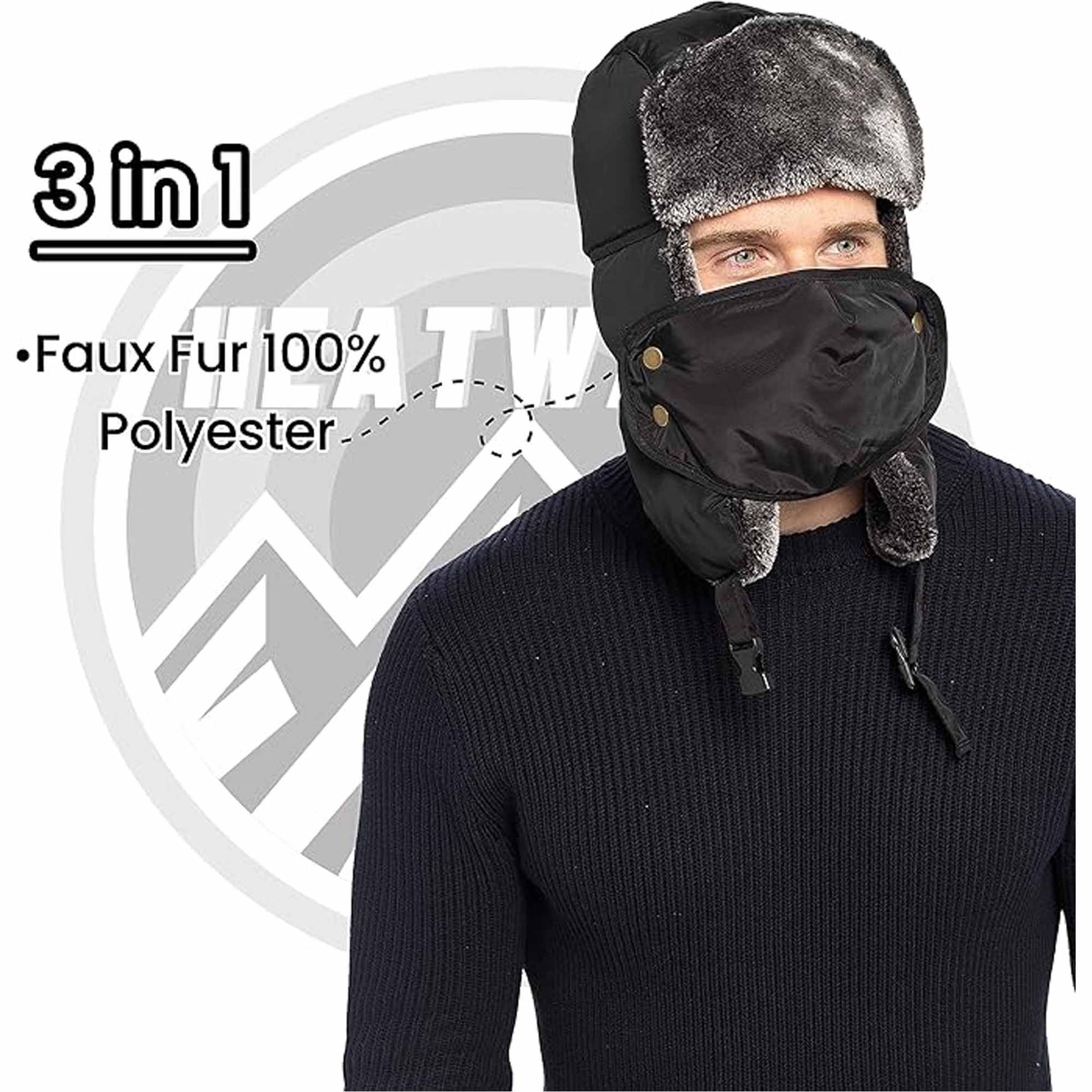 Men's 3 In 1 Waterproof Trapper Hat Face Mask Neck Warmer Ear Flaps Windproof Snowproof Winter Hat for Skiing Snowboarding Outdoor Faux Fur Lining Breathable Polyester One Size Black by Heatwave Thermalwear BLACK Hats