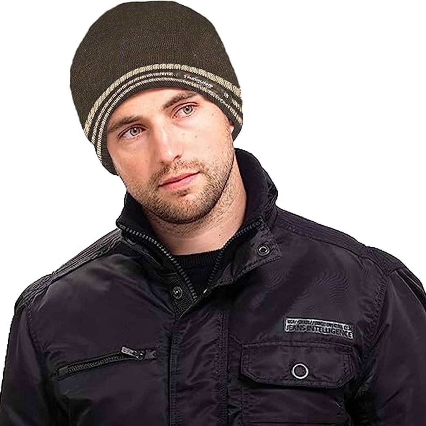 Men's 3M Thinsulate Insulated Fleece Lined Knitted Beanie Hat with Striped Design for Skiing Hiking Camping by Sock Stack Hats