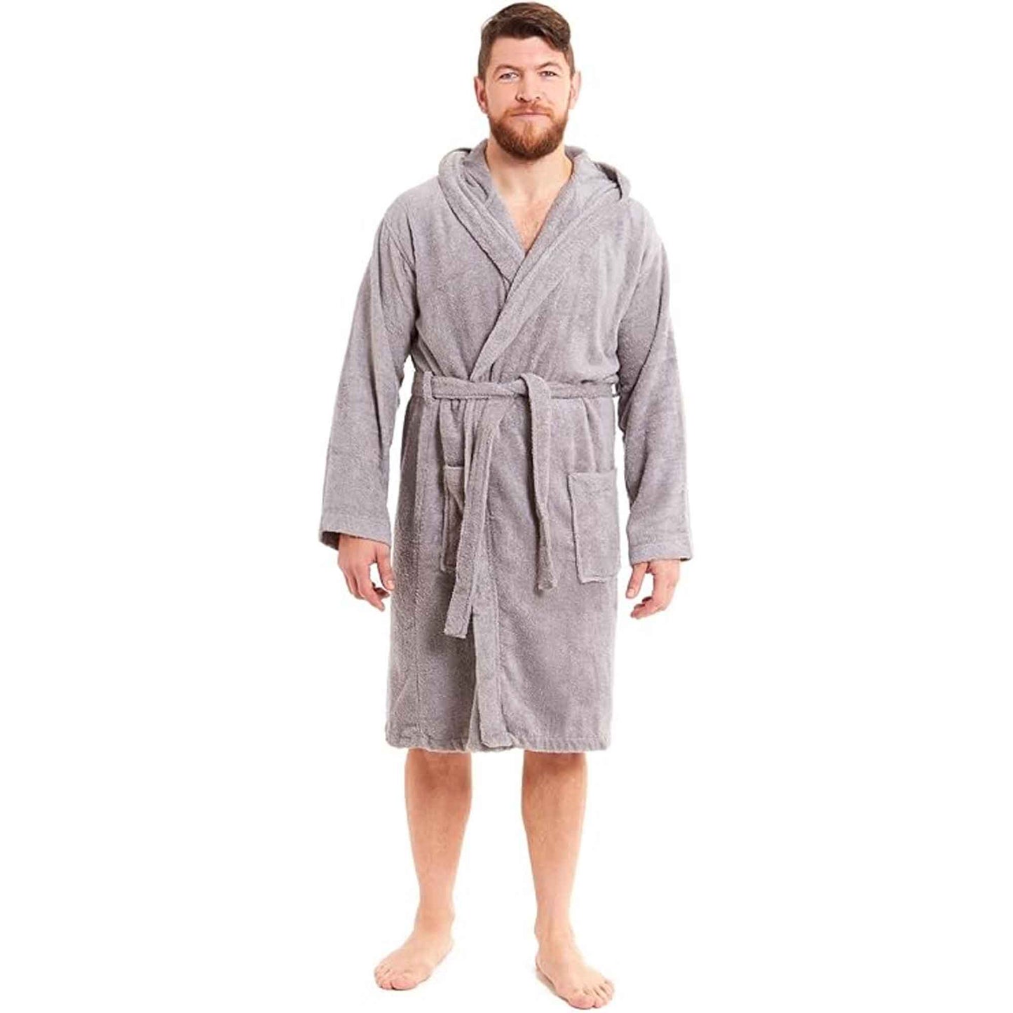 Men's Bamboo Hooded Bath Robe Ultra Absorbent Towelling Dressing Gown for Hotels Gyms Spas with Soft Breathable Cotton Blend Quick Dry Grey White by Sock Stack Robe