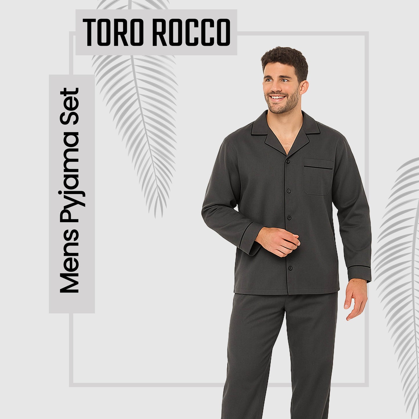 Men's Classic Charcoal Woven Pyjama Set Long Sleeve Button Top & Bottoms Easy Care Nightwear Sleepwear by Sock Stack Pyjamas