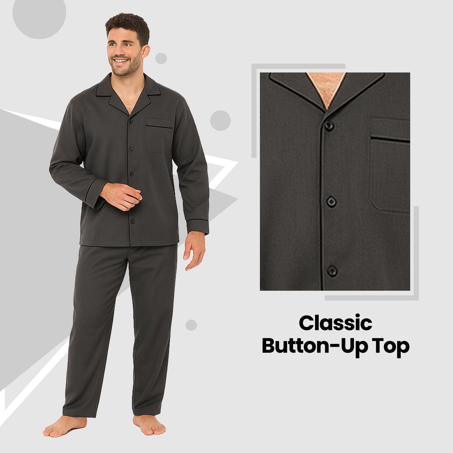 Men's Classic Charcoal Woven Pyjama Set Long Sleeve Button Top & Bottoms Easy Care Nightwear Sleepwear by Sock Stack Pyjamas