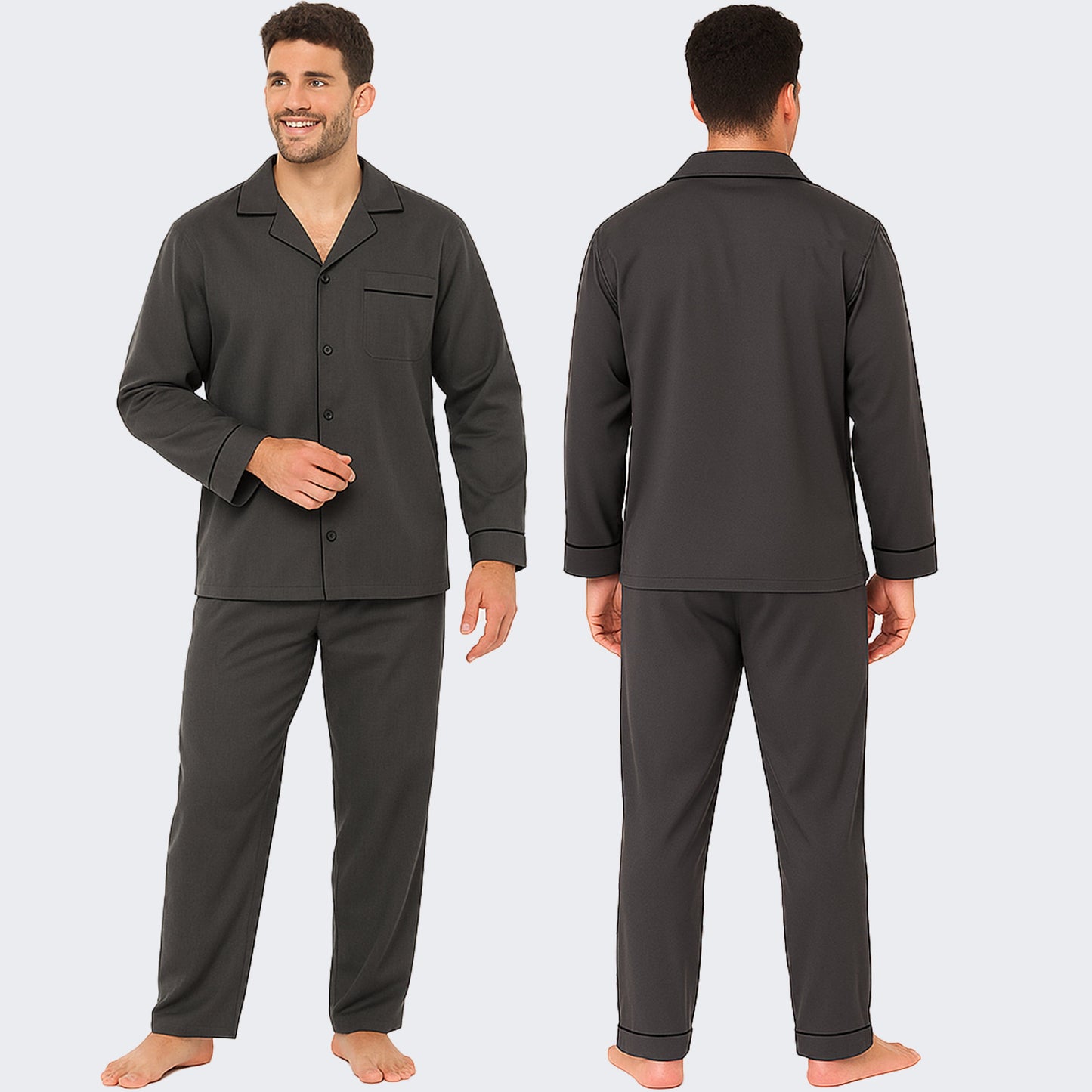 Men's Classic Charcoal Woven Pyjama Set Long Sleeve Button Top & Bottoms Easy Care Nightwear Sleepwear by Sock Stack Pyjamas