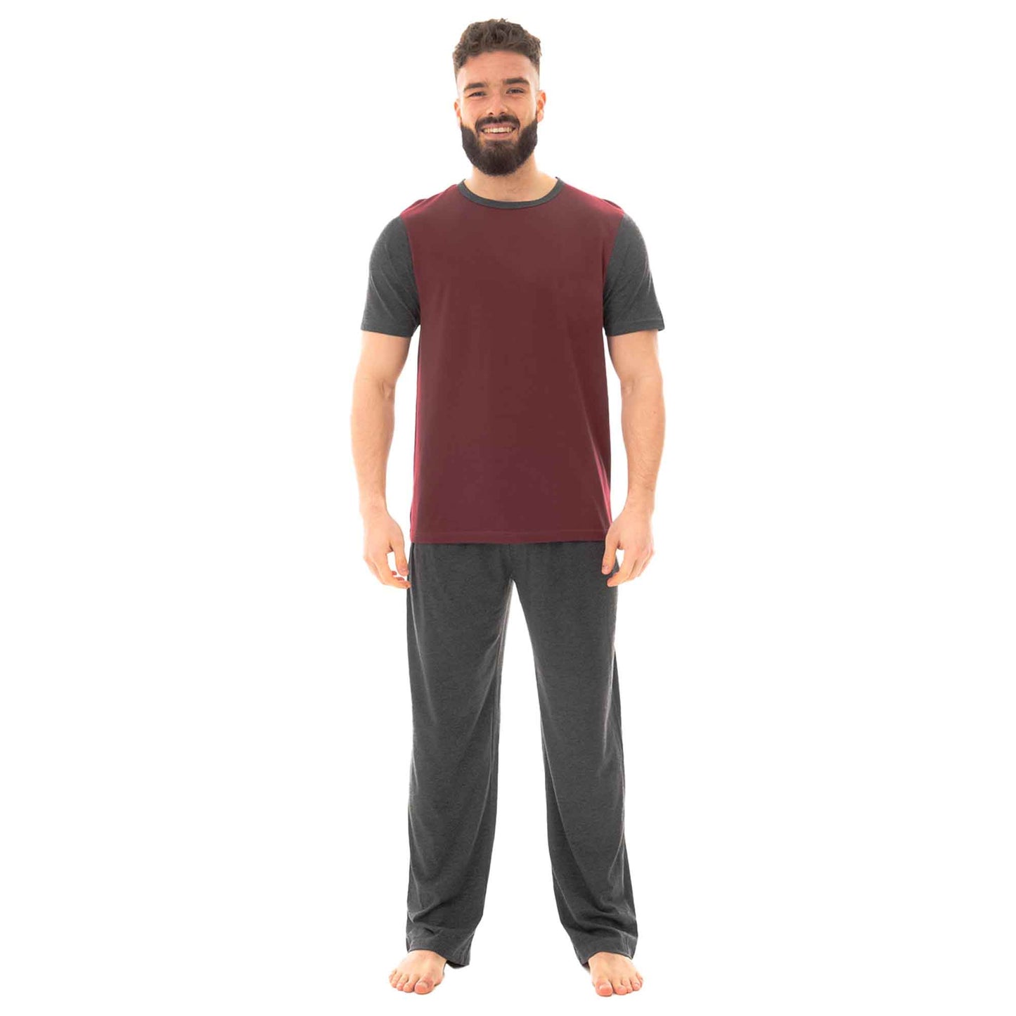 Men's Cotton T Shirt and Long Pants Loungewear Set Comfortable Lightweight Sleepwear for Warm Weather Relaxation Versatile Styles by Sock Stack CLARET/CHARCOAL / S Pyjamas
