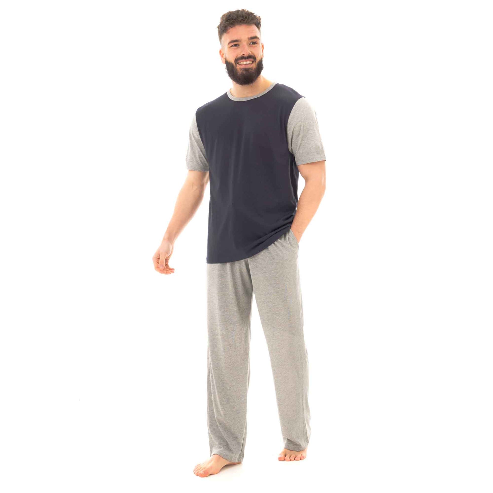 Men's Cotton T Shirt and Long Pants Loungewear Set Comfortable Lightweight Sleepwear for Warm Weather Relaxation Versatile Styles by Sock Stack NAVY/MARL GREY / S Pyjamas