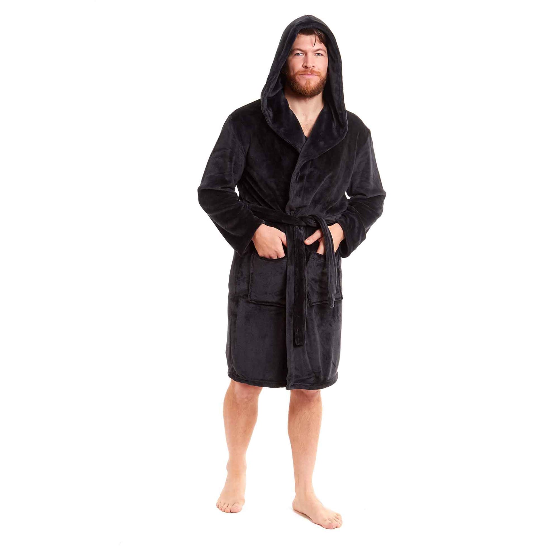Men's Ultra-Soft Hooded Flannel Fleece Bathrobe Warm Plush Dressing Gown for Home Spa Gym Hotel by Daisy Dreamer MEDIUM / BLACK Robe