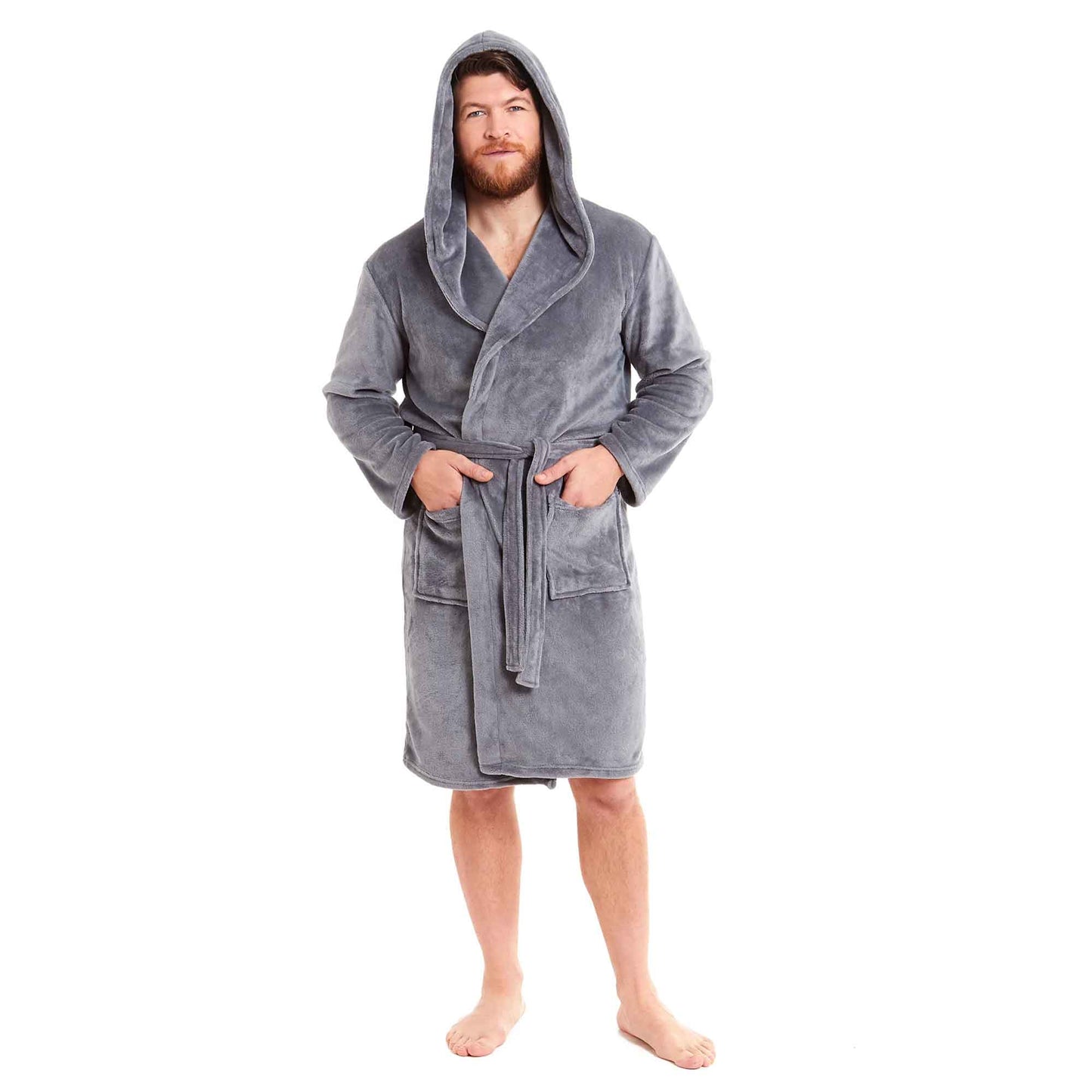Men's Ultra-Soft Hooded Flannel Fleece Bathrobe Warm Plush Dressing Gown for Home Spa Gym Hotel by Daisy Dreamer MEDIUM / GREY Robe