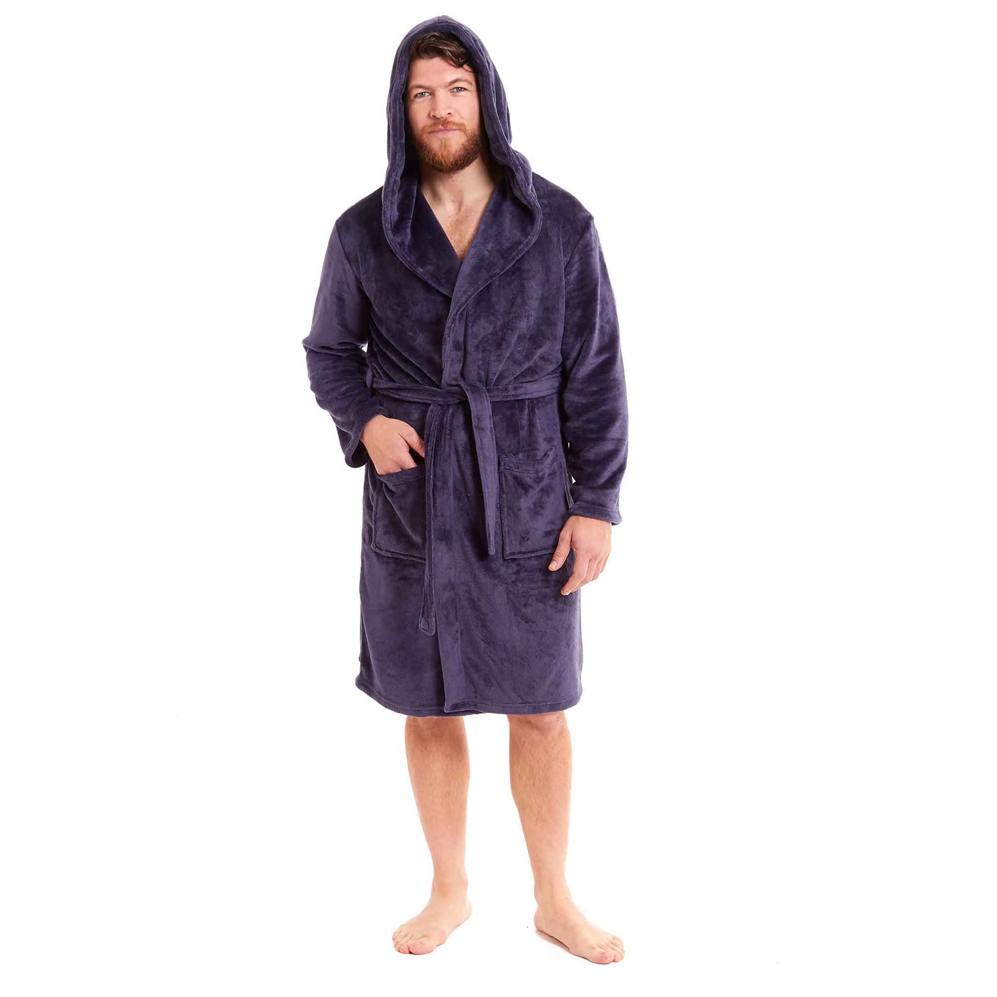 Men's Ultra-Soft Hooded Flannel Fleece Bathrobe Warm Plush Dressing Gown for Home Spa Gym Hotel by Daisy Dreamer MEDIUM / NAVY Robe