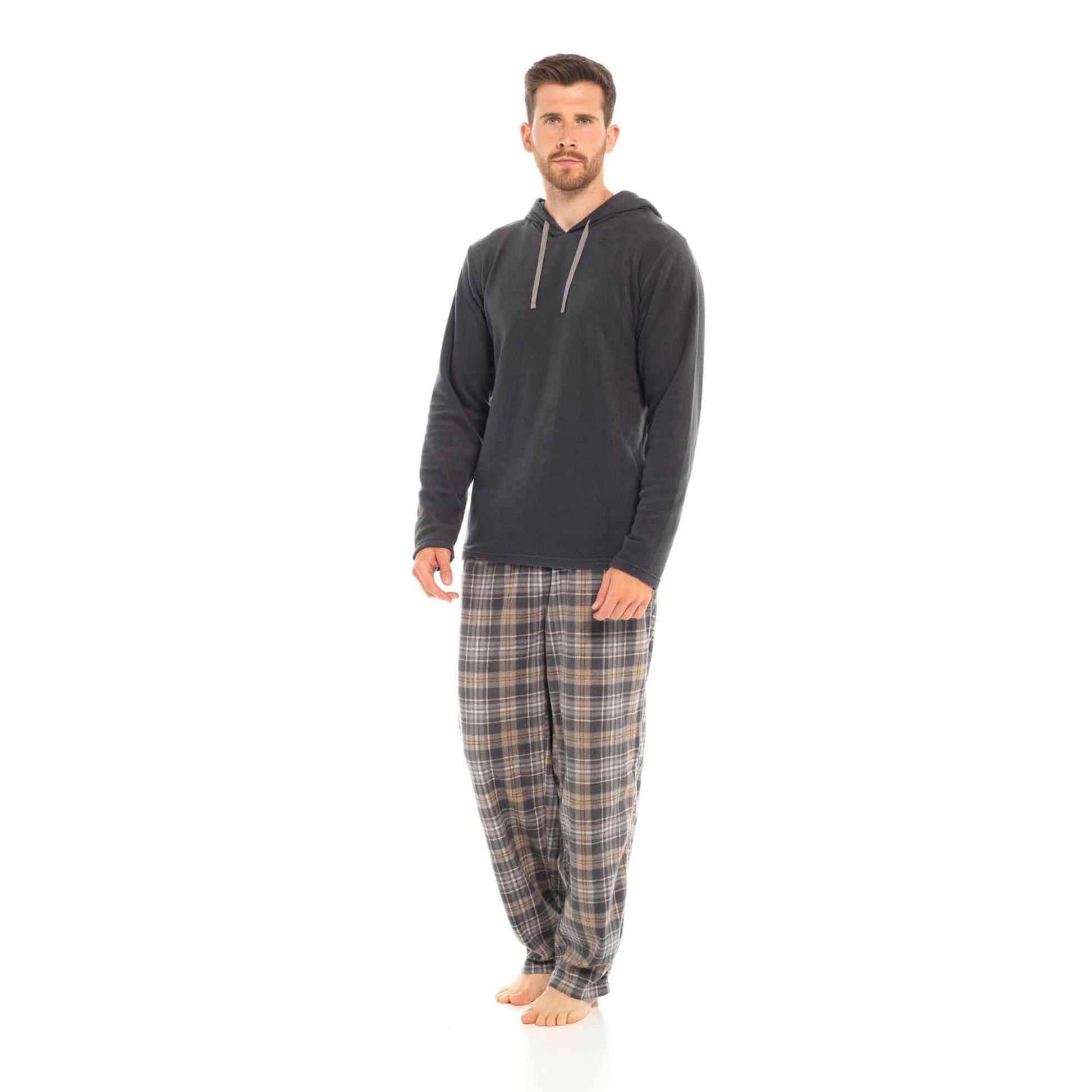 Men's Winter Hooded Check Fleece Pyjama Set Warm Cozy Nightwear with Stylish Check Bottoms in Multiple Sizes Ultimate Comfort by Sock Stack GREY CHECK / M Pyjamas