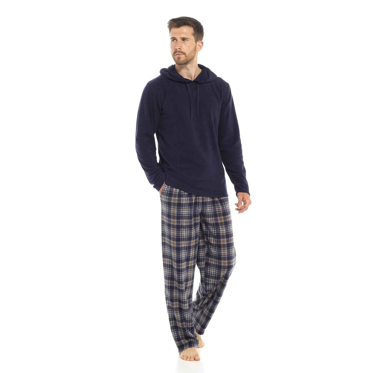 Men's Winter Hooded Check Fleece Pyjama Set Warm Cozy Nightwear with Stylish Check Bottoms in Multiple Sizes Ultimate Comfort by Sock Stack NAVY CHECK / M Pyjamas