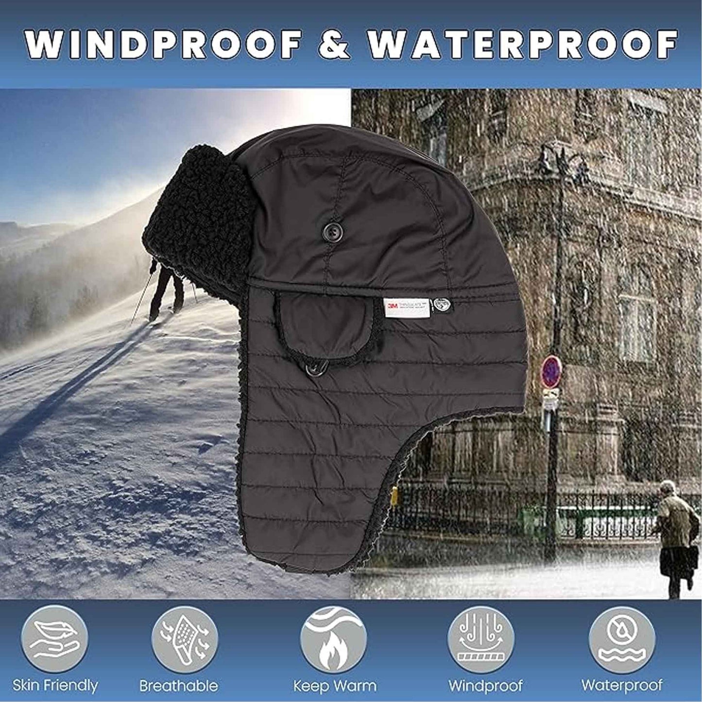 Mens Ribbed Waterproof Trapper Hat with 3M Thinsulate Fleece Lining for Winter Warmth and Cold Weather Protection by Heatwave Thermalwear Trapper Hat
