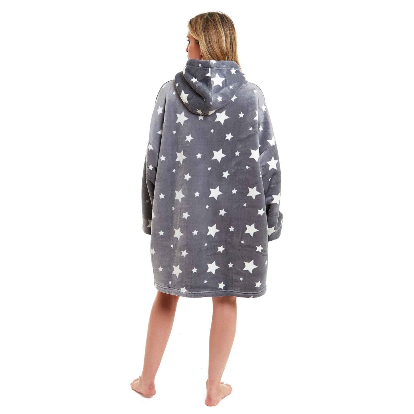 Oversized Grey Stars Hooded Blanket Ultra Soft Sherpa Fur Lining Plush Flannel Loungewear One Size Fits All for Adults and Kids by Daisy Dreamer Hooded Blanket