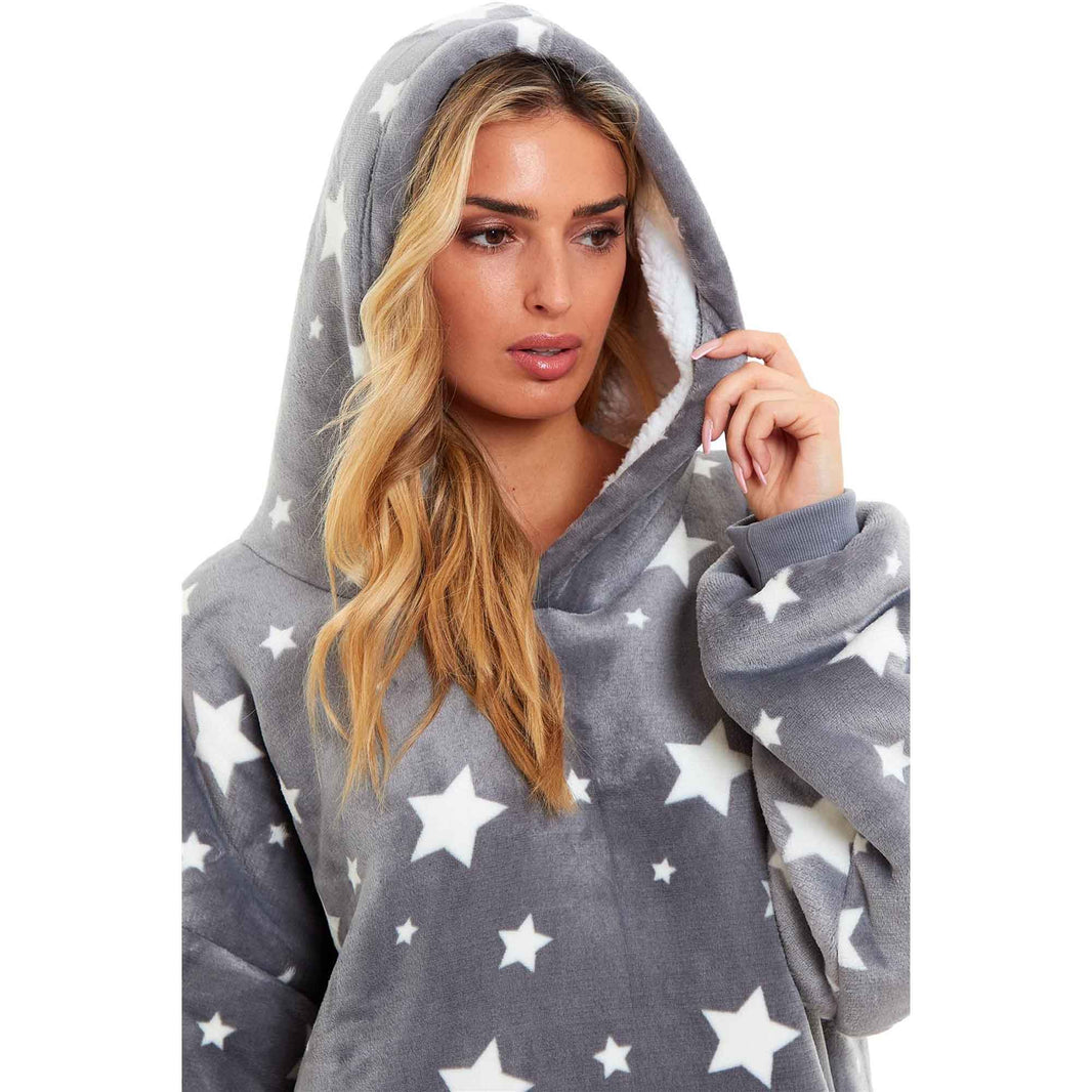 Oversized Grey Stars Hooded Blanket Ultra Soft Sherpa Fur Lining Plush Flannel Loungewear One Size Fits All for Adults and Kids by Daisy Dreamer Hooded Blanket