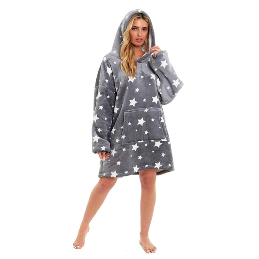 Oversized Grey Stars Hooded Blanket Ultra Soft Sherpa Fur Lining Plush Flannel Loungewear One Size Fits All for Adults and Kids by Daisy Dreamer Hooded Blanket