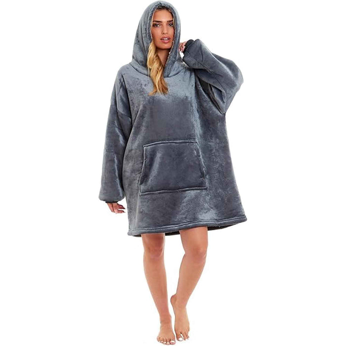 Oversized Hooded Blanket Sweatshirt Plush Sherpa Fur Grey Pink Giant Hoodie for Adults and Kids with Elastic Cuffs and Pocket by Daisy Dreamer GREY Hooded Blanket