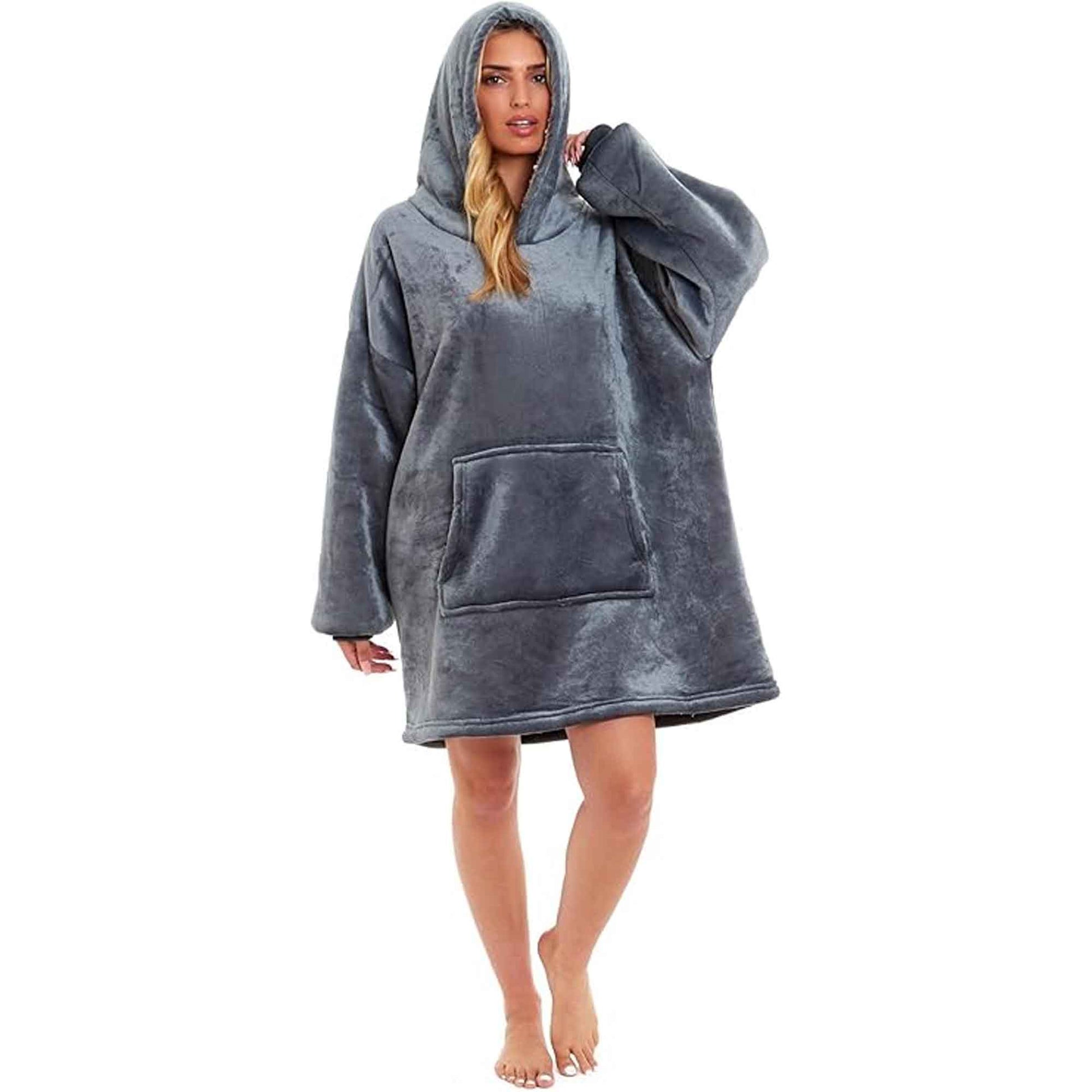 Oversized Hooded Blanket Sweatshirt Plush Sherpa Fur Grey Pink Giant Hoodie for Adults and Kids with Elastic Cuffs and Pocket by Daisy Dreamer GREY Hooded Blanket
