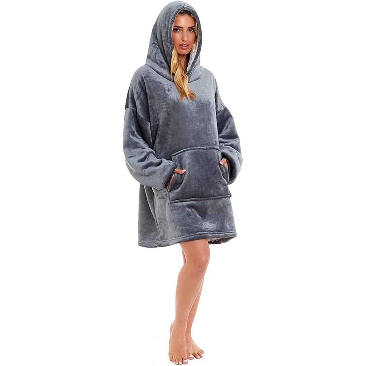 Oversized Hooded Blanket Sweatshirt Plush Sherpa Fur Grey Pink Giant Hoodie for Adults and Kids with Elastic Cuffs and Pocket by Daisy Dreamer Hooded Blanket