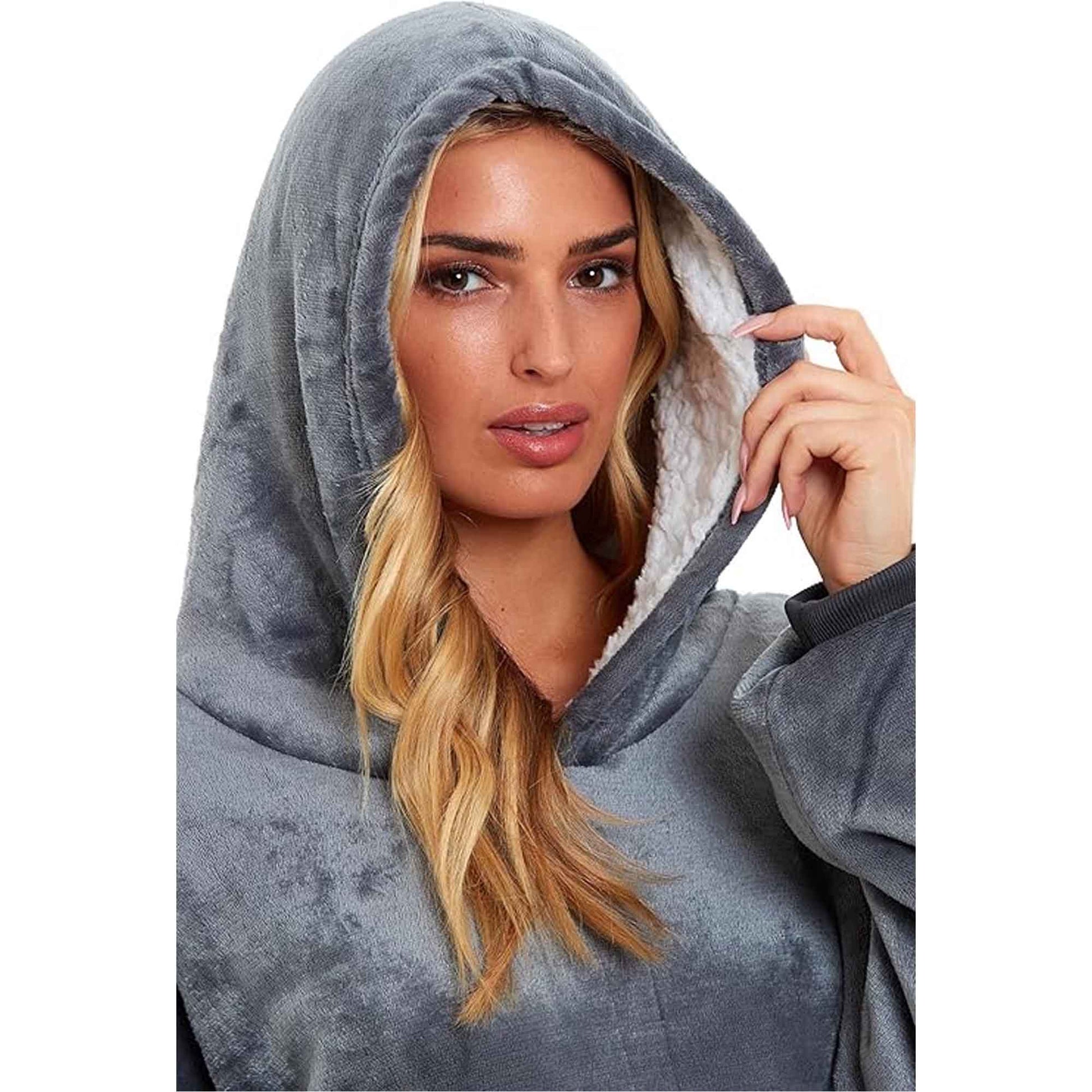 Oversized Hooded Blanket Sweatshirt Plush Sherpa Fur Grey Pink Giant Hoodie for Adults and Kids with Elastic Cuffs and Pocket by Daisy Dreamer Hooded Blanket