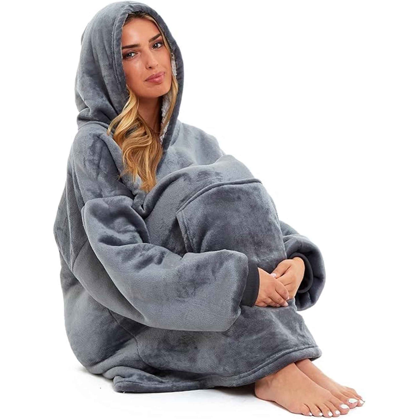 Oversized Hooded Blanket Sweatshirt Plush Sherpa Fur Grey Pink Giant Hoodie for Adults and Kids with Elastic Cuffs and Pocket by Daisy Dreamer Hooded Blanket