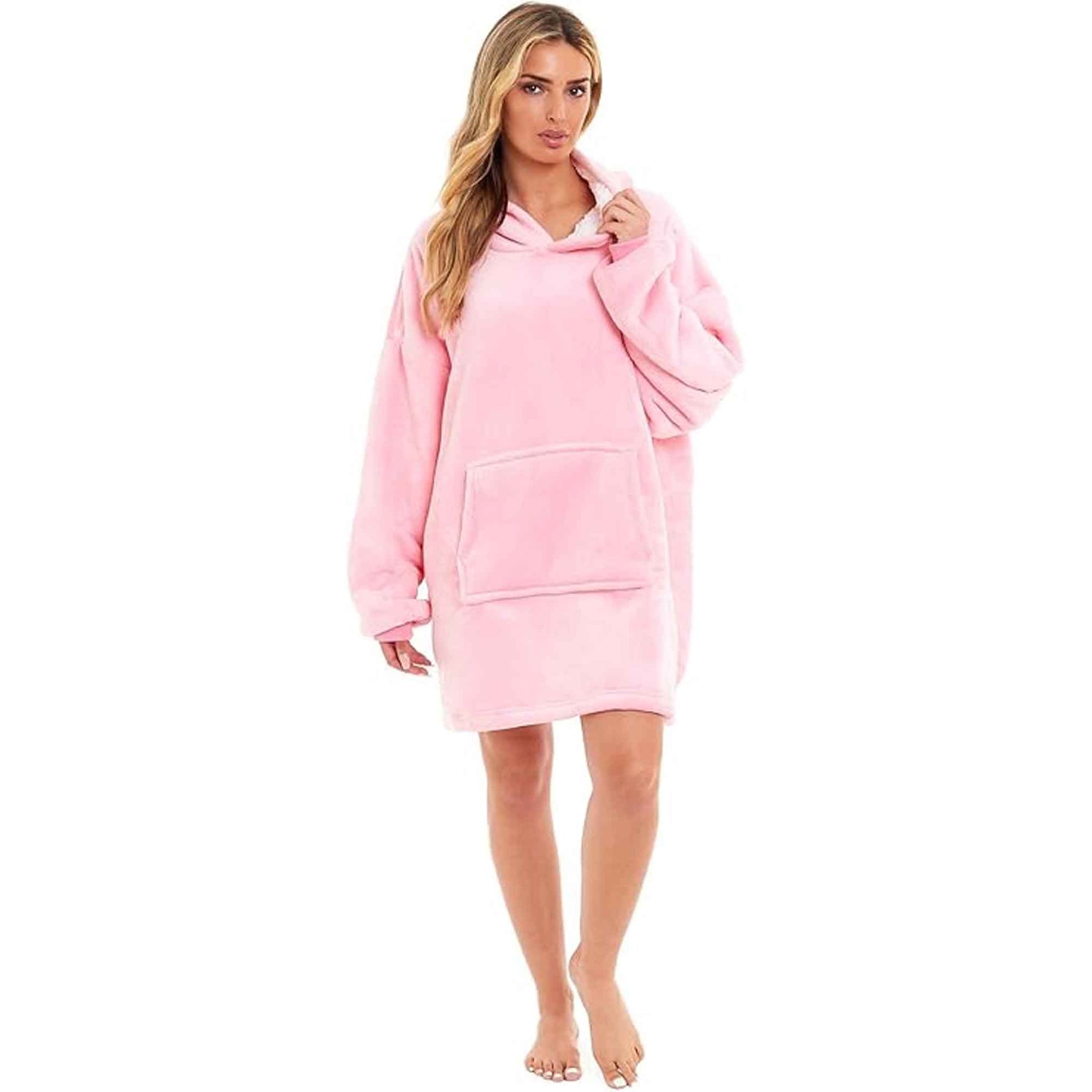 Oversized Hooded Blanket Sweatshirt Plush Sherpa Fur Grey Pink Giant Hoodie for Adults and Kids with Elastic Cuffs and Pocket by Daisy Dreamer PINK Hooded Blanket
