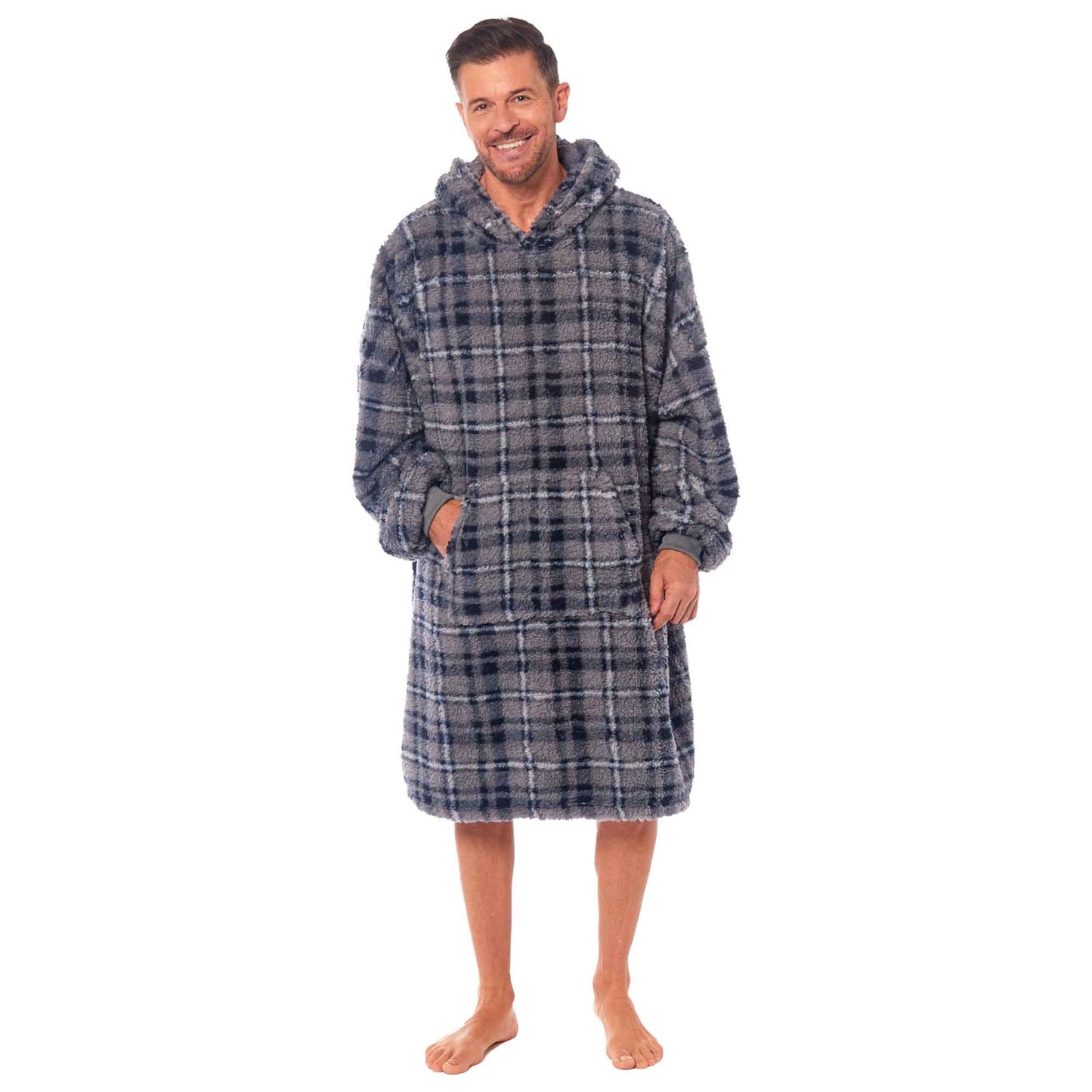 Oversized Men's Hooded Blanket Sweatshirt with Sherpa Lining Plush Wearable Hoodie for Lounging Camping One Size Fits All by Daisy Dreamer BLUE CHECK Hooded Blanket