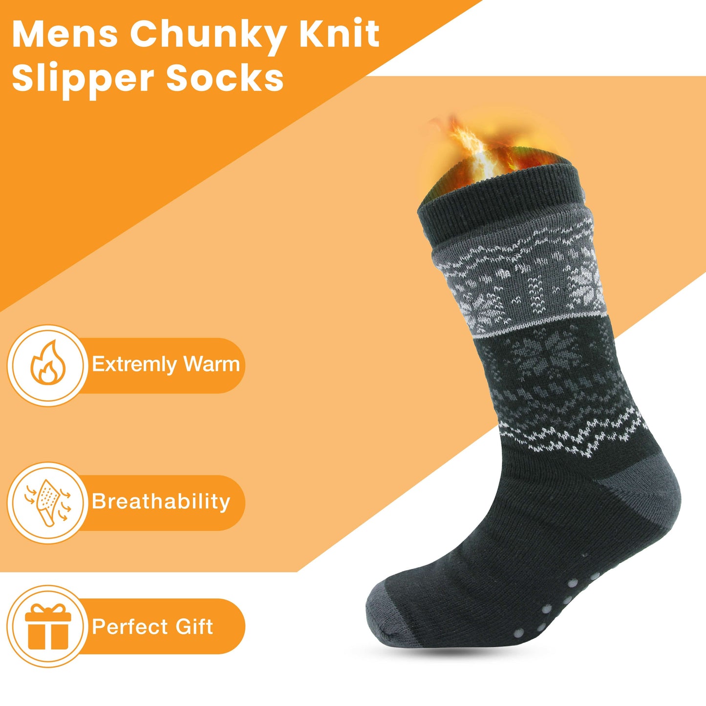 Pack of 2 Men's Chunky Knit Slipper Socks with Grips Thick Warm Non-Slip Indoor Bed Socks Gift by Sock Stack UK 6-11 / FAIR ISLE Socks