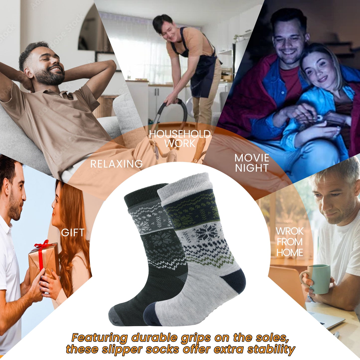 Pack of 2 Men's Chunky Knit Slipper Socks with Grips Thick Warm Non-Slip Indoor Bed Socks Gift by Sock Stack UK 6-11 / FAIR ISLE Socks