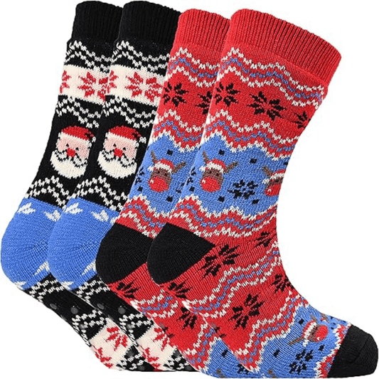 Pack of 2 Men's Festive Xmas Chunky Knit Slipper Socks with Grips Thick Warm Non-Slip Indoor Bed Socks Gift by Sock Stack UK 6-11 / CHRISTMAS Socks
