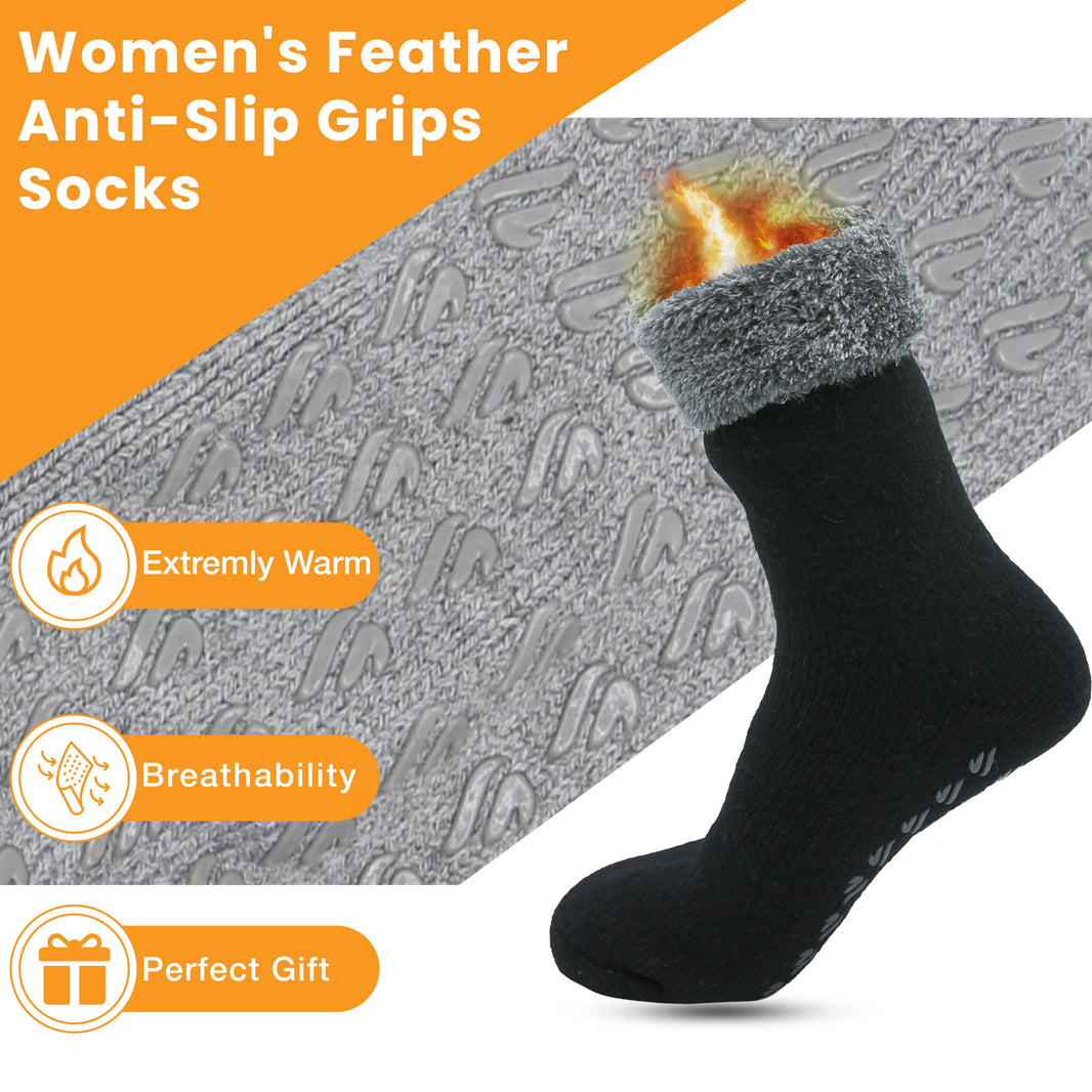 Pack of 2 Women's Feather Soft TOT Slipper Socks with Anti-Slip Grips Fleece Lined Cozy Winter Indoor Lounge Socks by Sock Stack UK 4-7 / BLACK / GREY Socks