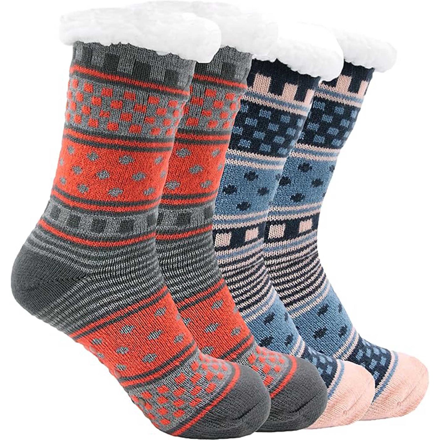 Pack of 2 Women's Fur Lined Chunky Slipper Socks Soft Warm & Cozy Winter Non-Slip Knitted Lounge Bed Socks by Socks Stack. ASSORTED Socks