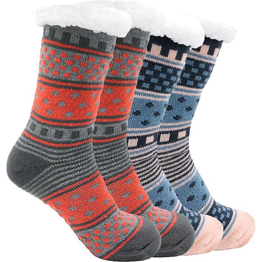 Pack of 2 Women's Fur Lined Chunky Slipper Socks Soft Warm & Cozy Winter Non-Slip Knitted Lounge Bed Socks by Socks Stack. ASSORTED Socks