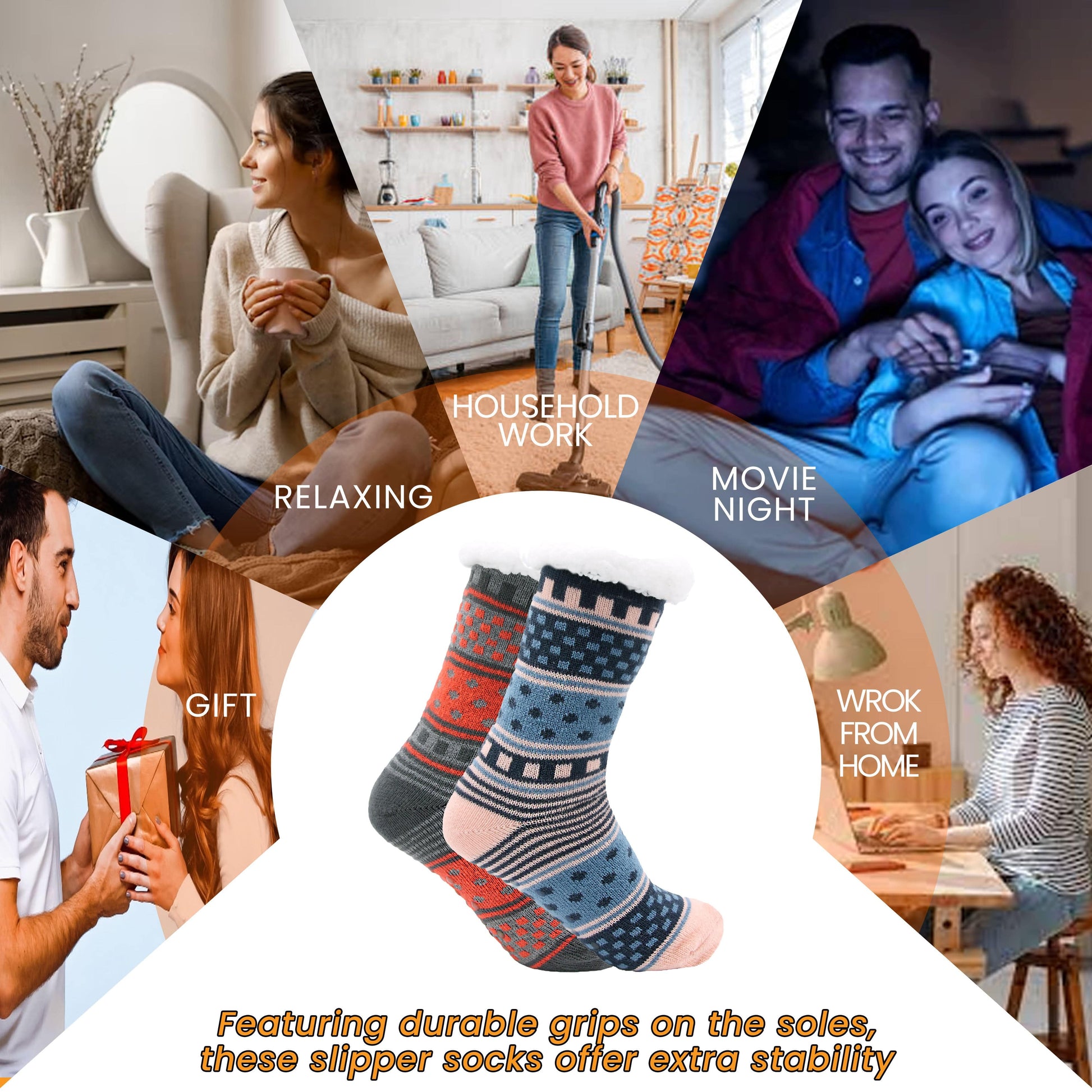 Pack of 2 Women's Fur Lined Chunky Slipper Socks Soft Warm & Cozy Winter Non-Slip Knitted Lounge Bed Socks by Socks Stack. ASSORTED Socks