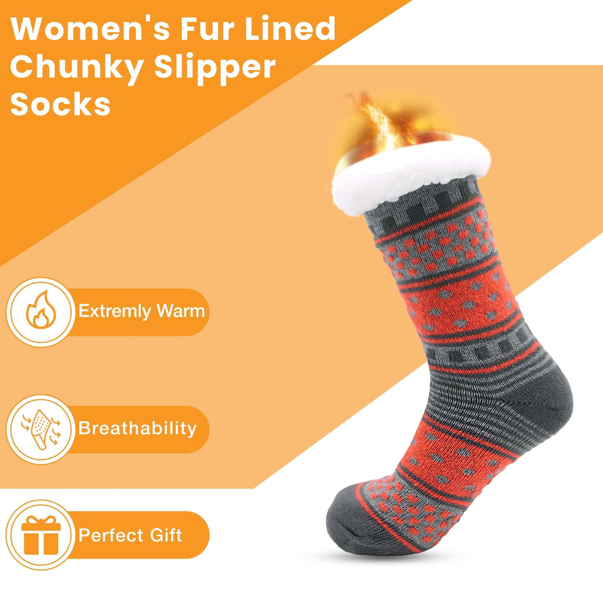 Pack of 2 Women's Fur Lined Chunky Slipper Socks Soft Warm & Cozy Winter Non-Slip Knitted Lounge Bed Socks by Socks Stack. ASSORTED Socks