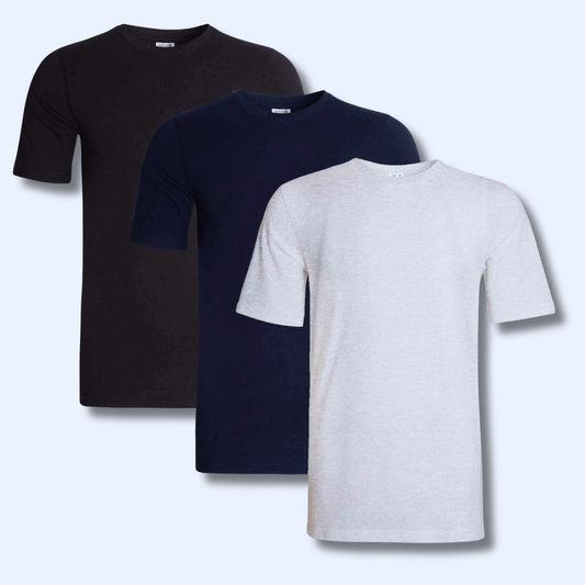 Pack of 3 Men's Plain T-Shirts Soft Breathable Cotton Polyester Blend Short Sleeve Tees Versatile Classic Colors by Sock Stack BLACK/NAVY/GREY / S T-Shirts