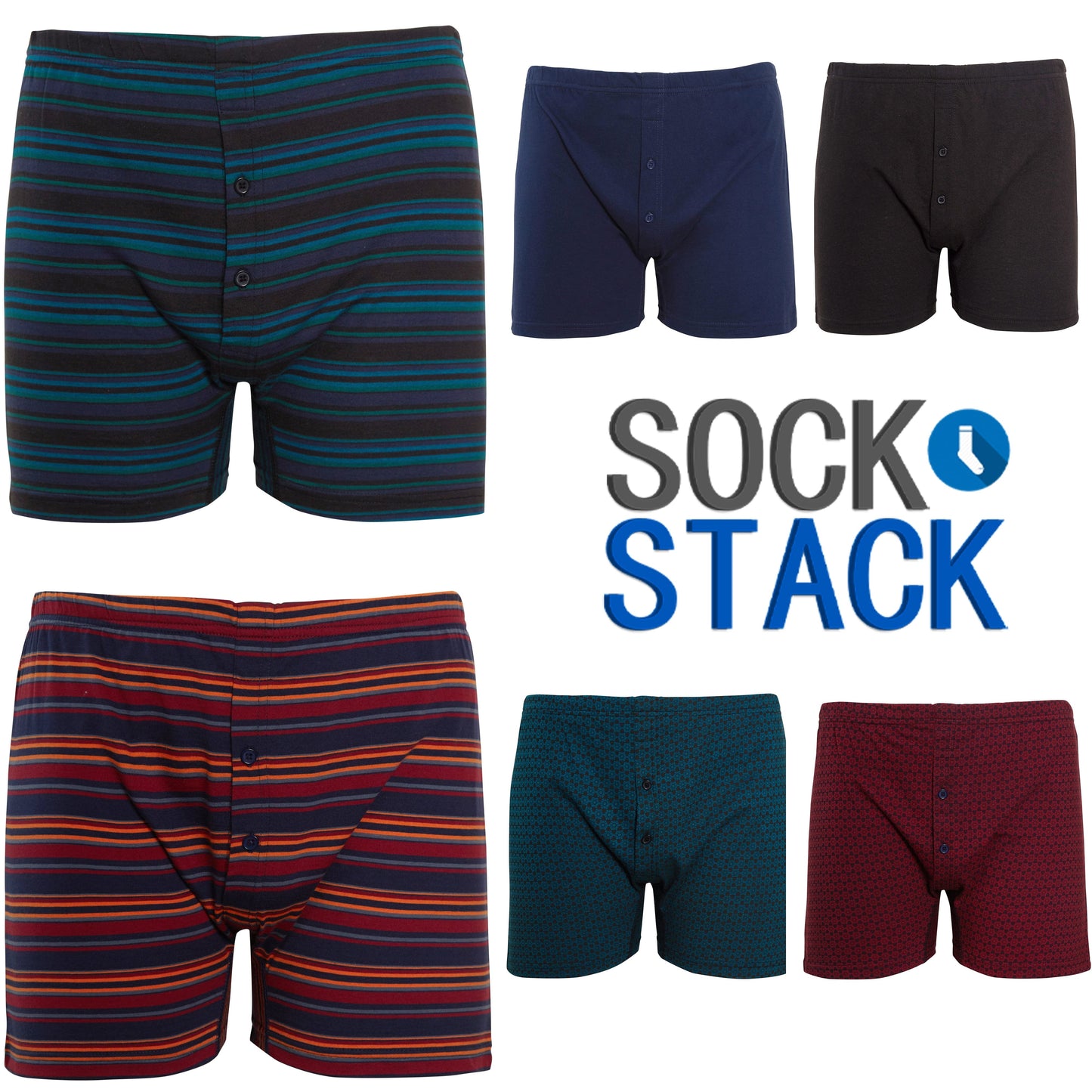 Pack of 6 Men’s Boxer Shorts Classic Fit Jersey Underwear with Printed Design Button Fly & Elastic Waistband by Sock Stack Boxer Shorts