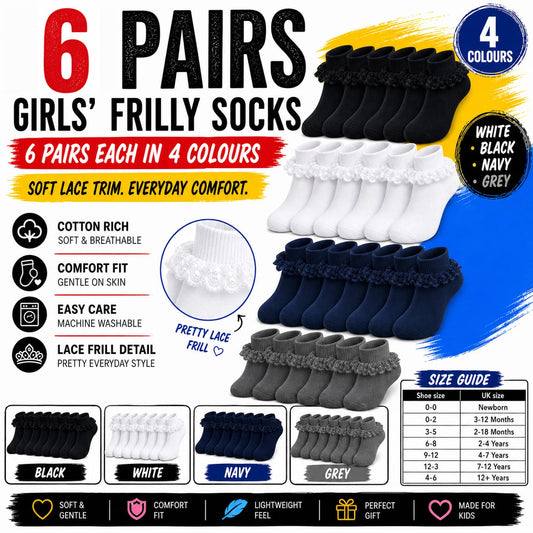 Sock Stack Girls Cotton Rich Frilly Ankle Socks 6 Pairs Durable Breathable Sculpted Heels Toes Multiple Sizes Colors School Wear Socks