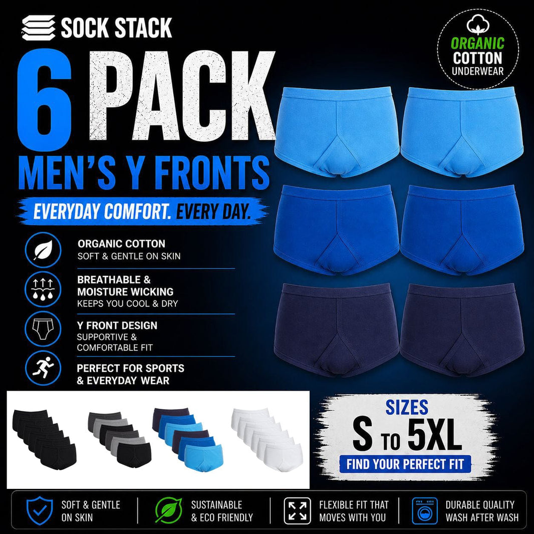 Sock Stack Men's 6 Pack Cotton Y-Front Briefs White 100% Cotton Soft Stretch Waistband Hypoallergenic Durable Underwear Everyday Comfort Underwear